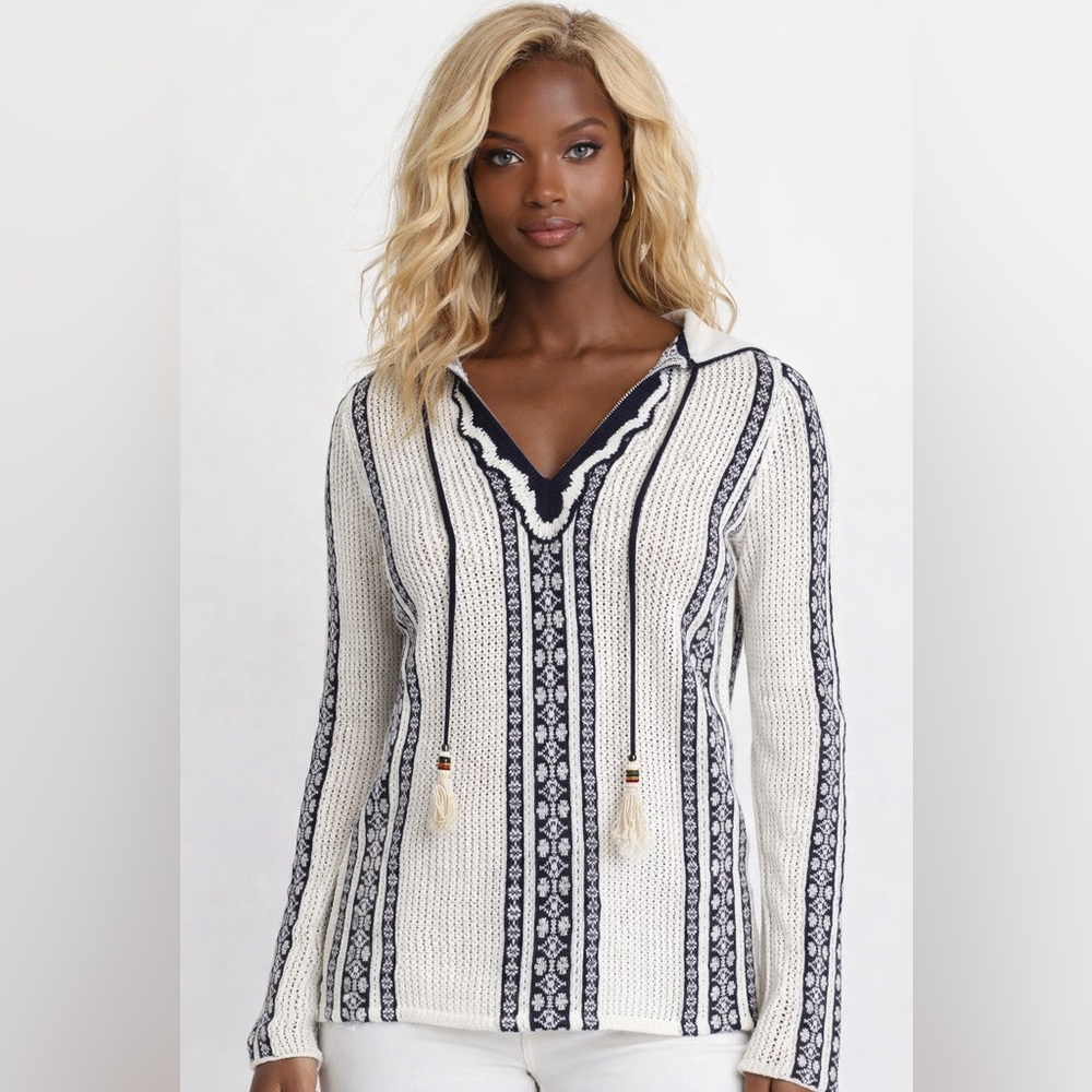 Tory Burch Blue and White Striped Hoodie